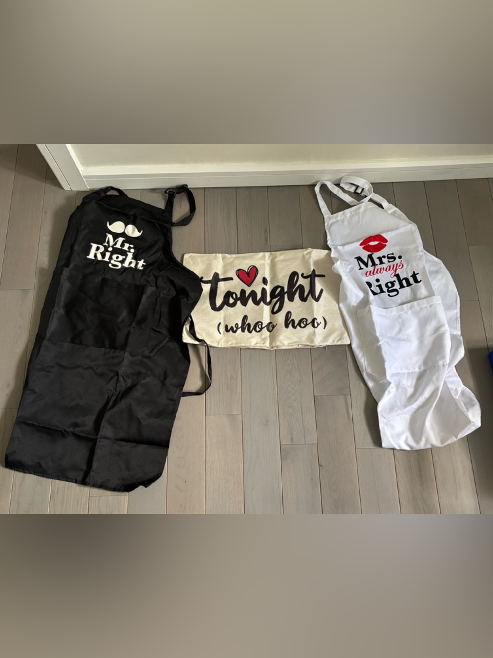 Mrs. Right and Mr. Right Graphic Aprons Set - Black, White, & Pillow Cover